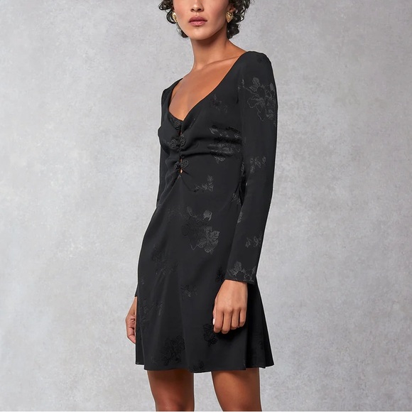 ROUJE PARIS Nancia Floral Jacquard Silk Satin Black Mini Dress Frog Knot Detail - Picture 4 of 16